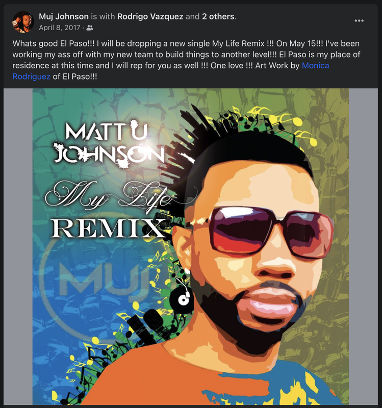 Screenshot of post by Muj Johnson and picture of My Life Remix single cover made by artist Monica Rodriguez.