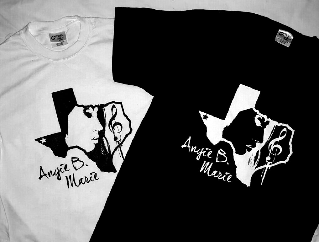 Angie B. Marie Texas logo by Monica Rodriguez printed on black and white t-shirts